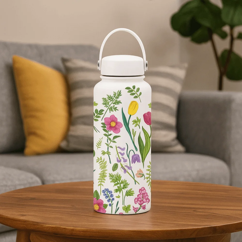 Creative Thermal Water Bottle Portable 1L Outdoor Insulated Mug Large Capacity Stainless Steel Floral Insulated Bottle