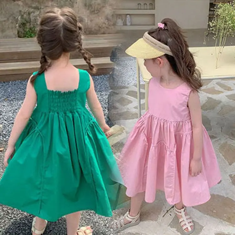 

2-6 Years Children Girls Sleeveless Solid Color Sundress Kids Casual Clothes Summer Princess Dress Baby Girls Party Dresses F27