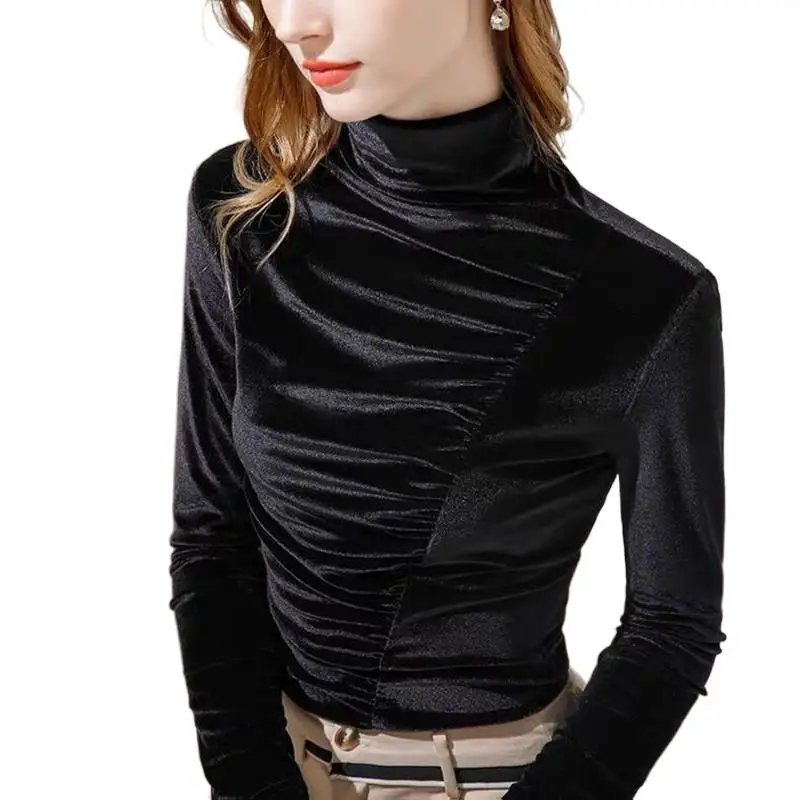 

11 colors Autunm Winter Women' long sleeve turtleneck folds Velvet shirts Tops Spring Pleated slim ruffled Blouse Femina Blusa