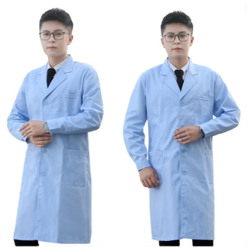

Blue Lab coat men women long sleeved Nurse doctor uniform large size pharmacy Workwear White Coat Unisex Lapel Medical Uniform