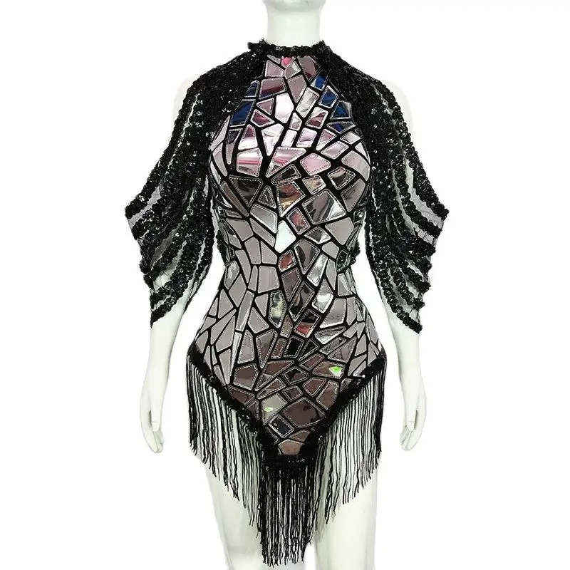 

Tassel Fringe Sequin Design Dress Women Dance Costumes Backless Halter Silver Black Vegas Showgirl Singer Stage Wear Sparkly