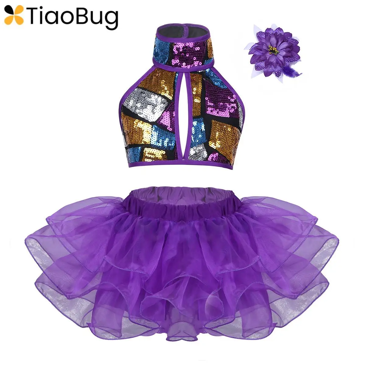 

Kids Girls Sequined Ballet Tutu Dress Jazz Modern Dance Outfit Crop Tops with Ruffled Skirt Sets Performance Costume Dancewear