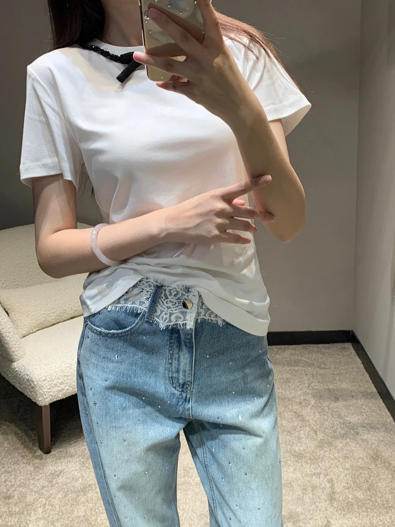 academy-style-women's-t-shirt-fashionable-sweet-and-elegant-bow-tie-round-neck-pure-cotton-white-short-sleeved