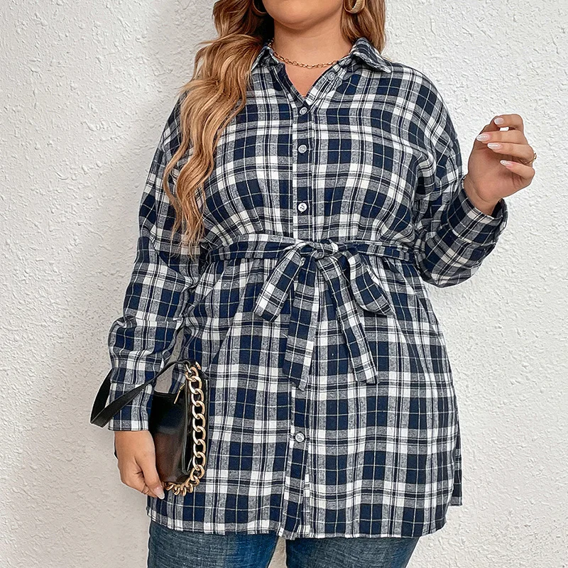 Fashion Women's Clothing Plaid Print Turn-down Collar Button Long Sleeve Blouse Bandage Open Stitch Plus Size Slim Midi Shirt