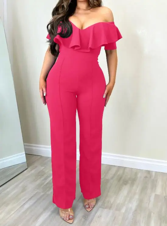 Elegant V-Neck Ruffled Jumpsuit for Woman Summer New Sexy Solid Color Female Temperament Commuting Style Fashion Long Jumpsuits