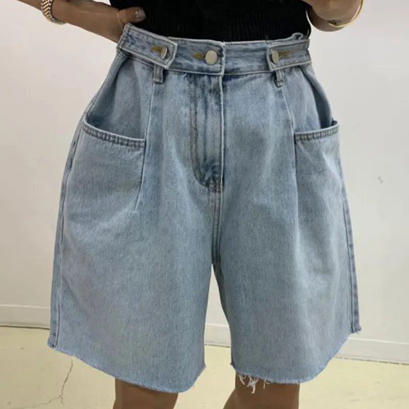 

Korean Chic Vintage Summer Half Shorts For Women Pockets Blue Loose Jeans 2022 High Waist Straight Denim Shorts Female