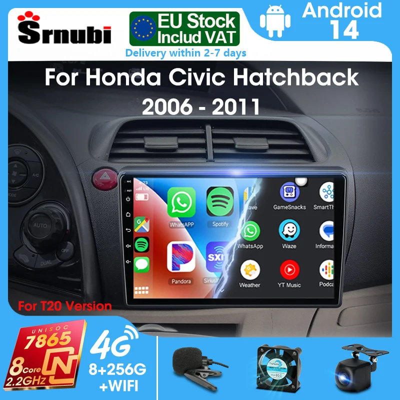 Srnubi 2Din Android 14 Für Honda Civic Hatchback 2006-2011 Autoradio Carplay Multimedia Video Stereo Headunit mit KI-Sprachsteuerung