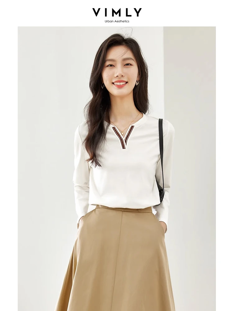 

Vimly 100% Cotton Base T Shirts for Women 2024 Simple Tees V-neck Relaxed Fit Long Sleeve Tops Casual Tshirt Woman Clothes M2506
