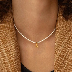 Elegant Stainless Steel Initial Pendant Necklace with Simulated Pearl Beads (B)