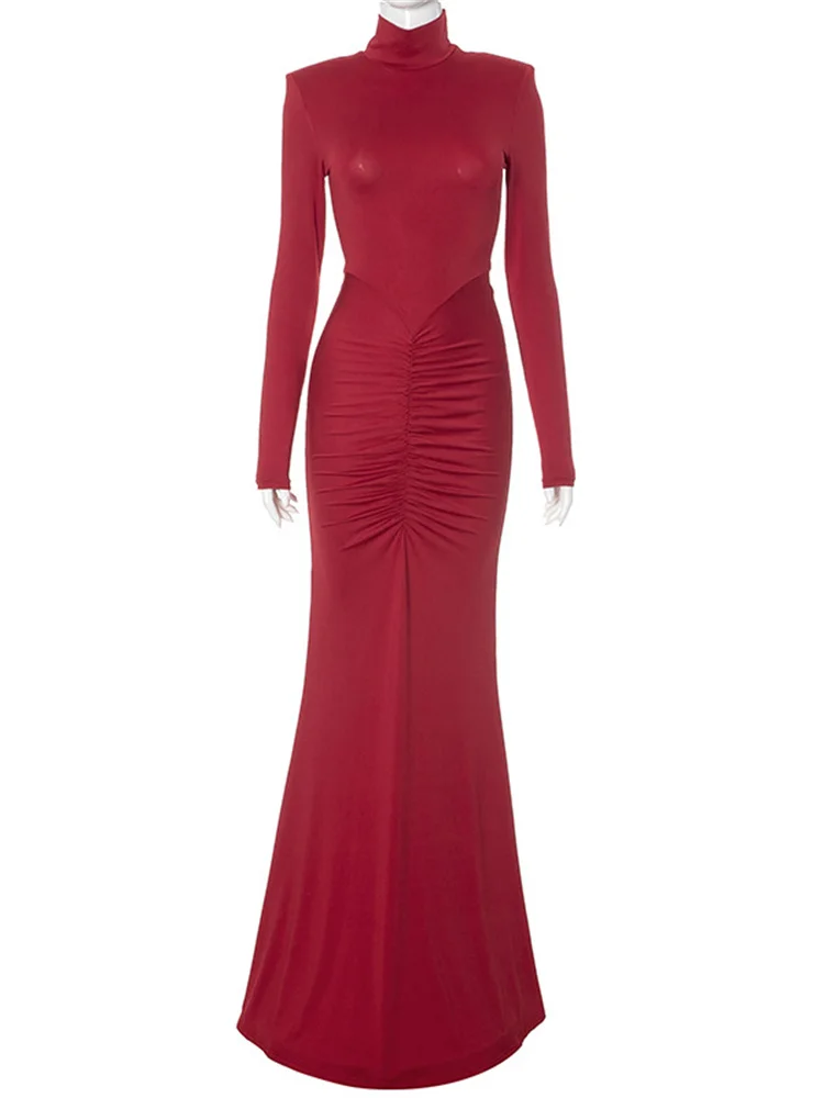 Elegant Fashion Pleated Long Dress Female High Waist Slim Patchwork Skinny Autumn Party Dress Women's Bodycon Dress