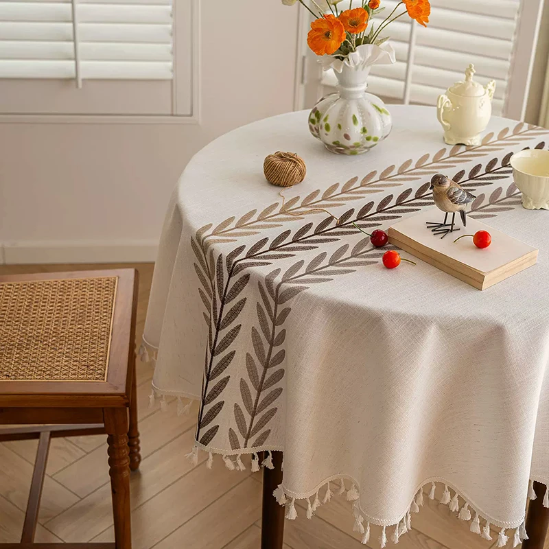 Rustic Embroidery Tablecloth – Cotton Linen Coffee Leaves Pattern Waterproof Table Cover 6