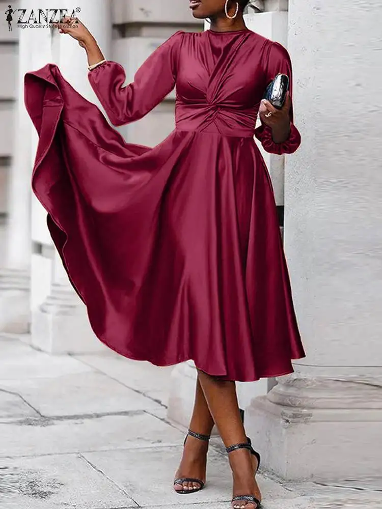 

ZANZEA Satin Long Sleeve Robes Twisted Front High Waist Party Dress Elegant O-neck Midi Dresses Everyday Women Fashion Vestidos
