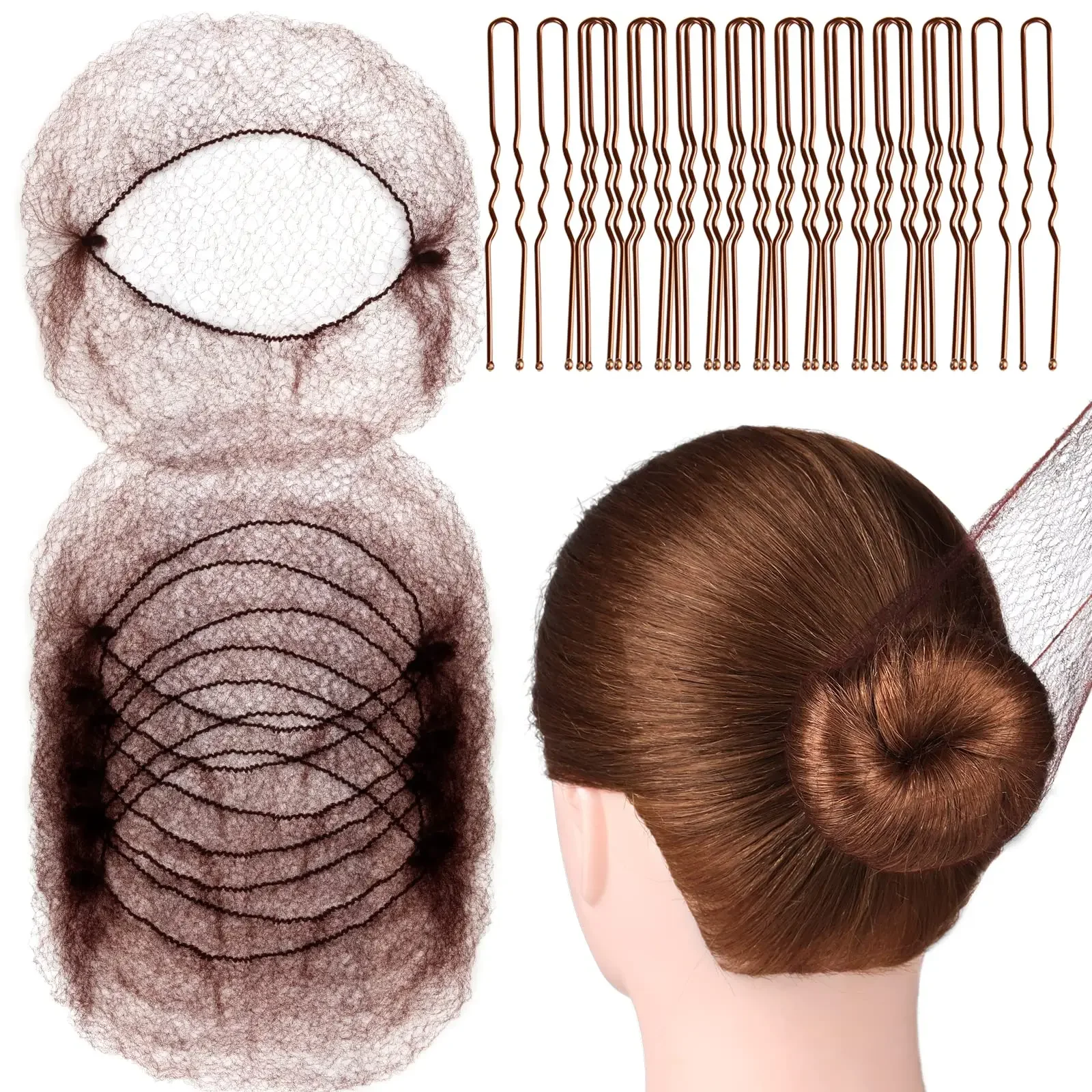 

6CM Hair Pins 40pcs/Set U Shaped and 20PCS Invisible Hair Nets Set 50cm for Bun Brown Elastic Edge Mesh and Hair Bun Pins