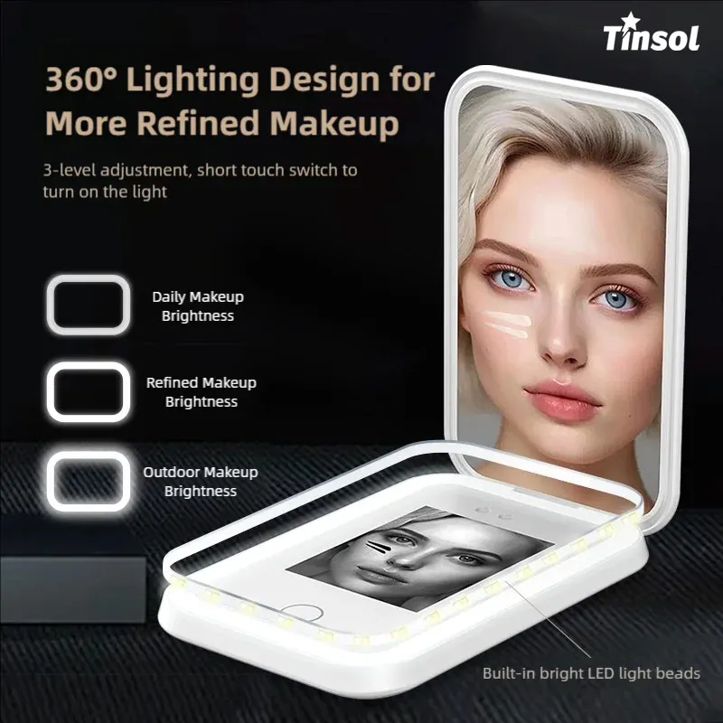 TINSOL UV 스마트 자외선 차단제 테스트 거울(HD 카메라 및 보조 조명 포함) 자외선 차단제 테스트용 2배 확대 여행용 거울