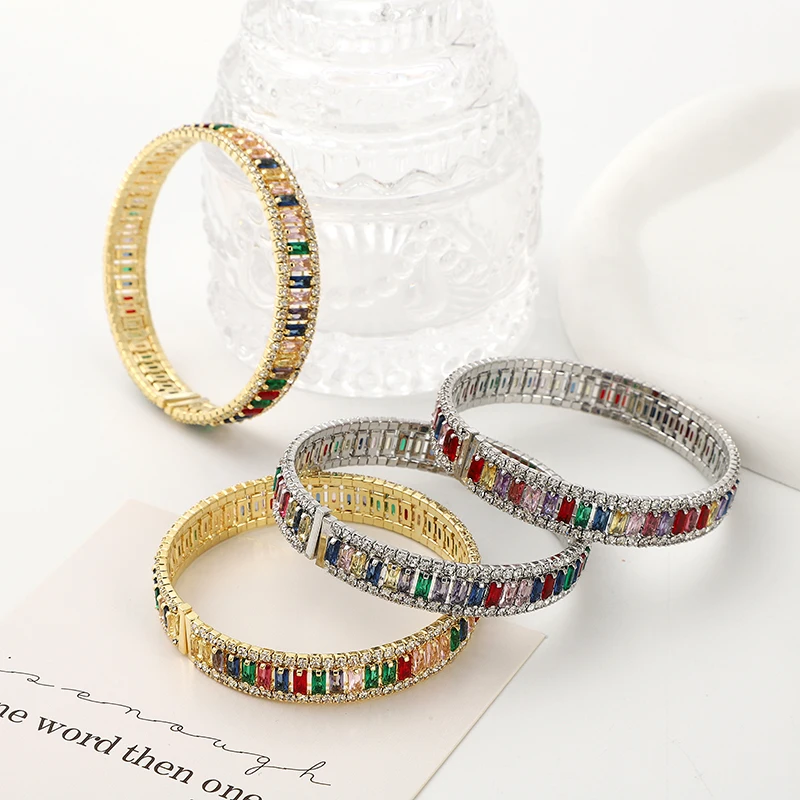 Hoge Kwaliteit 18K Vergulde Geometrische Zirkoon Armband & Bangles Voor Vrouwen Regenboog Kristal Manchet Armbanden Bruiloften Feest Sieraden