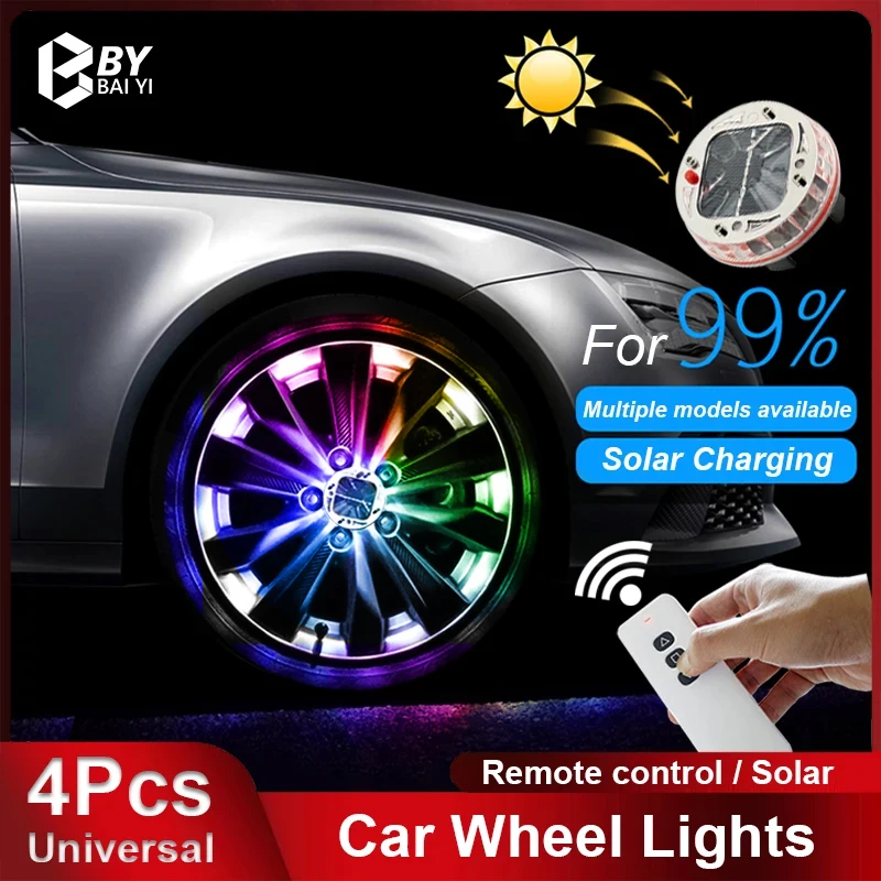 4Pcs Car Hub light Solar Energy Flash Wheel Lamp Remote Control RGB
