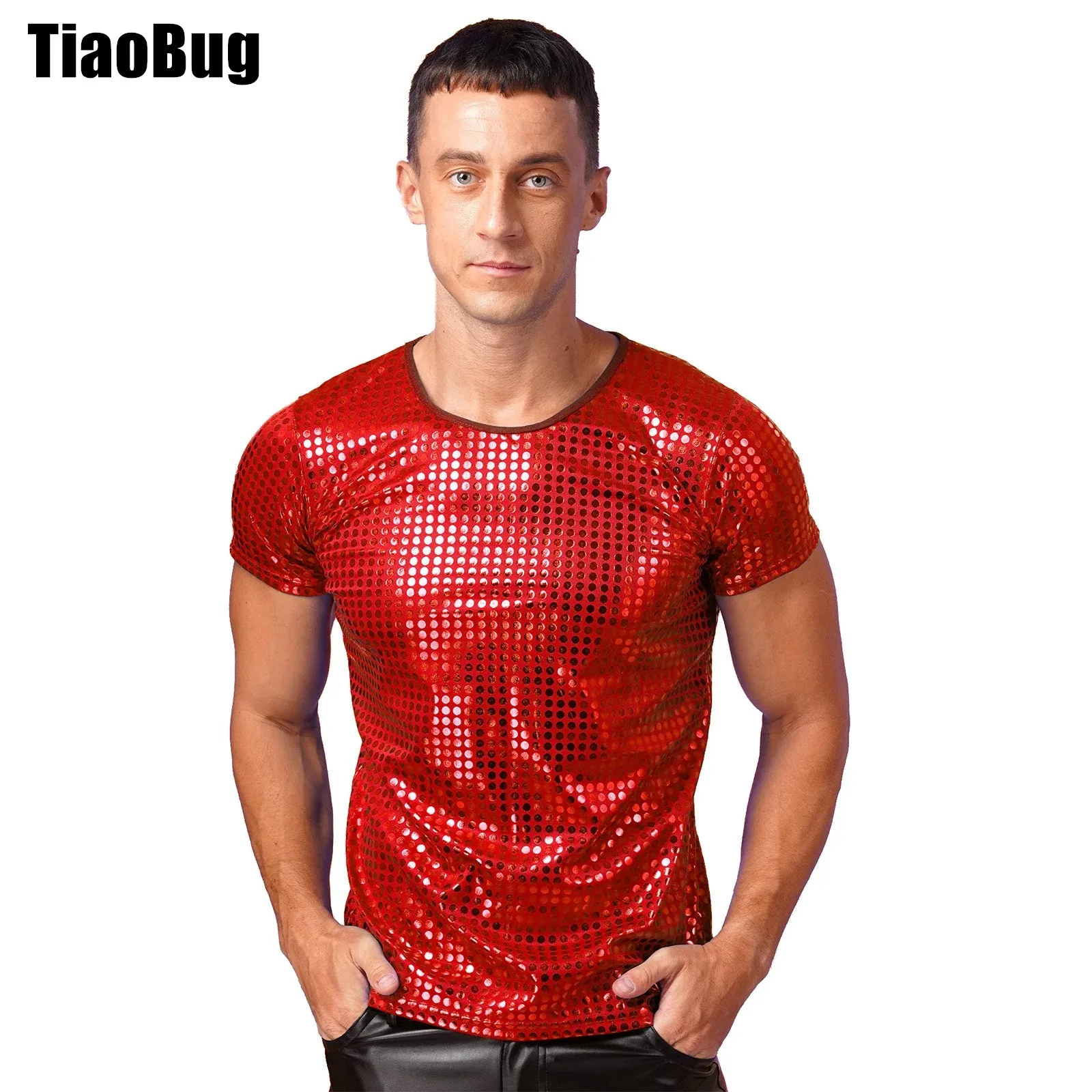 

Mens Sequin Dance T-Shirt Tops Sparkle Dot Round Neck Short Sleeve Performance Tops Nightclub Festivals Costumes