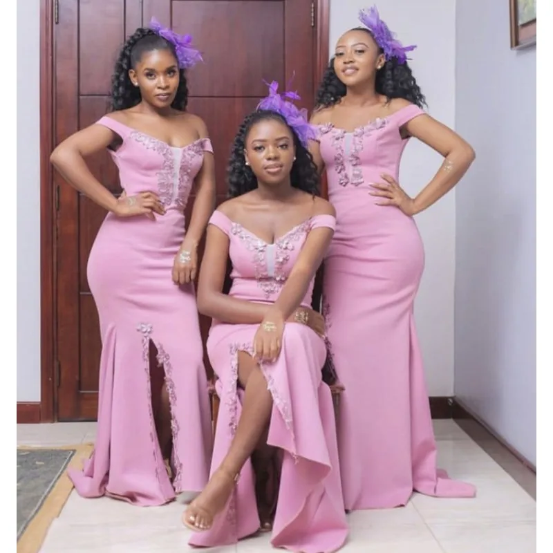 

Pink Bridesmaid Dresses Lace Off The Shoulder Side Slit Mermaid Bridesmaid Dresses Lace Up Back Wedding Party Bridesmaid Gowns