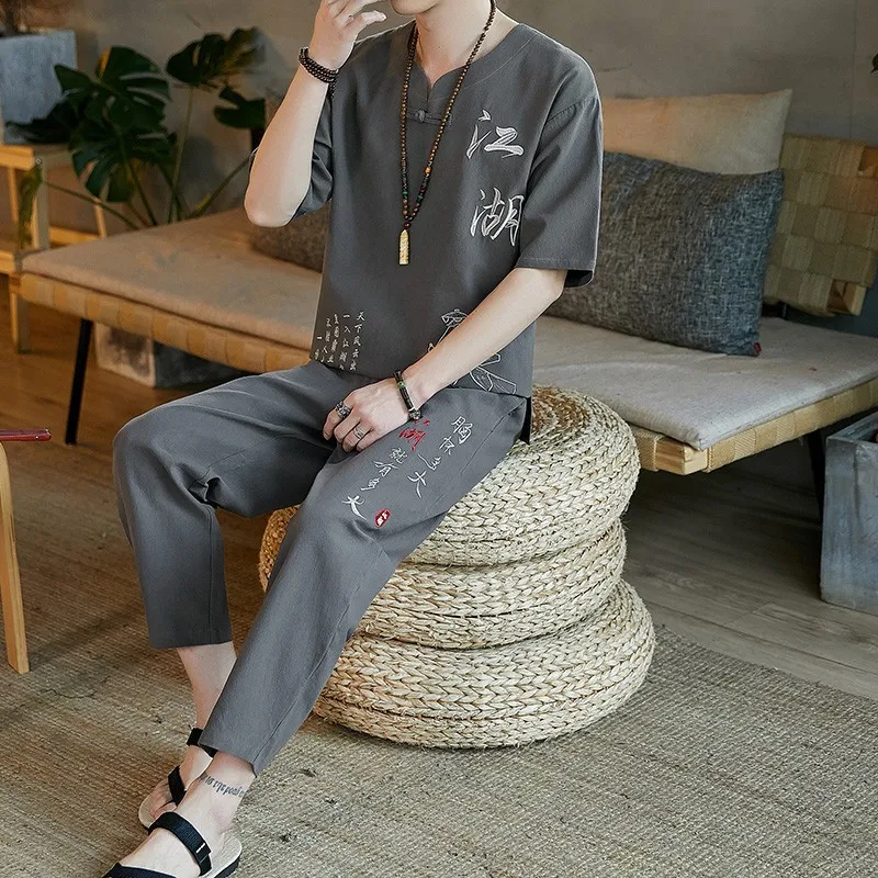 Summer Traditional Chinese Linen Tang Suit Men (Shirt + trousers) Cotton Linen Suit T Shirt Men Kungfu Clothes Tang tai chi clothing chinese men hanfu top