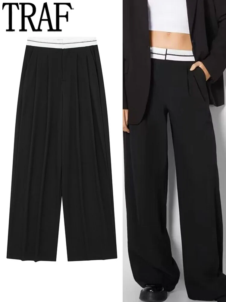 TRAF Pantalon Negros De Pierna Ancha Y Cintura Alta Para Mujer, Pantalón Holgado Informal