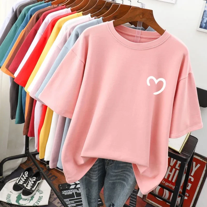 Plus Size 5XL 150KG Summer Cotton T shirt for Women Short Sleeve O Neck Femme Hearted tee Big Tops For Women Loose t shirt