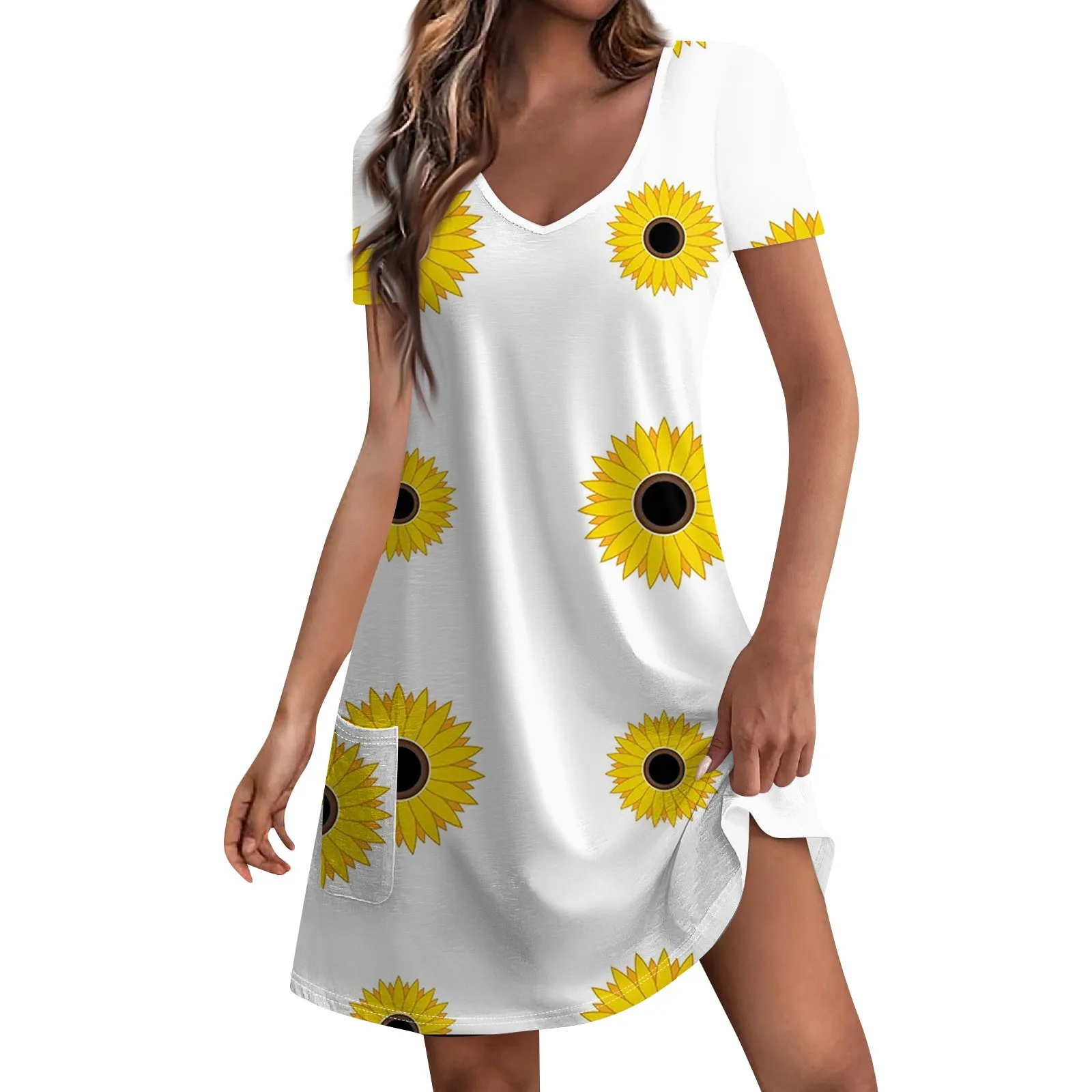 

Women's Summer Casual Sunflower Floral Print Short Sleeve Dress with Pockets Fashion V Neck Elegant Sleeveless vestido vestido