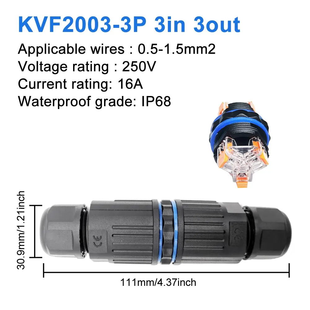 IP68 방수 케이블 커넥터, 빠른 연결 KVSF-15, 2 in 2 out, 2 3 4/5 핀, 전기 단자 어댑터, 와이어 커넥터