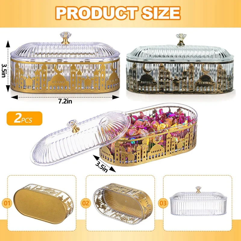 2 Pcs Ramadan Trays Withlid Eid Candy Serving Plate Tea Serving Tray Ramadan Food Storage Table Decorations Gold