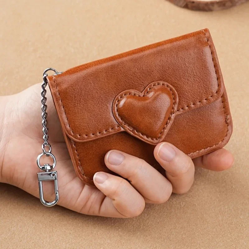 1pcs Pu Leather Wallet Heart Shaped Buckle Portable Mini Purse Multi-card Slots Anti-magnetic Card Holder Bags for Women Men