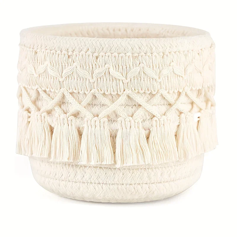 Description Picture 3 of item1pc Handmade Boho Chic Makeup Brush Holder Dual-Tone Woven Cosmetic Storage Basket with Tassel Detail Makeup Brushes Organizer