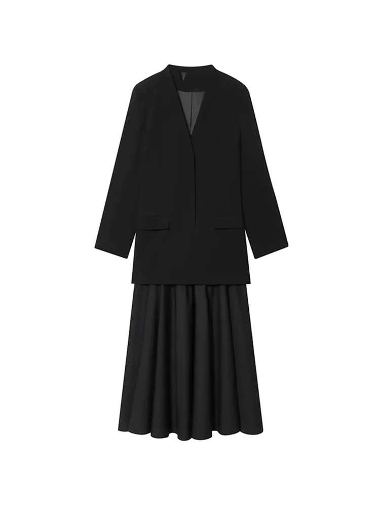 Elegant Women Spliced Blazer Dresses V Collar Long Sleeve Vintage Black Midi Dress Female Autumn New Slim Fit Commuting Clothes
