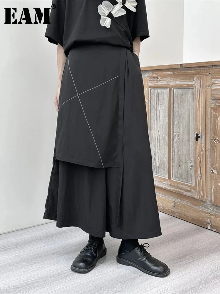 

[EAM] High Elastic Waist Black Irregular Topstitched Pants New Loose Fit Trousers Women Fashion Tide Spring Autumn 2024 1DF9646