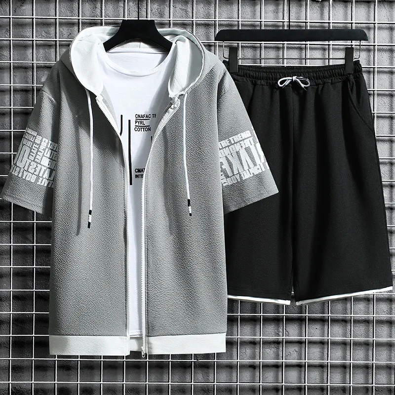 Summer Men Sets Zipper Hoodies+Shorts Two Piece Gym Sportswear Suit Male Casual Elastic Waist Shorts Homme Solid Loose Tracksuit mens sweatsuits sets