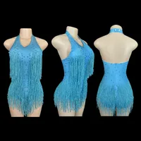 Sparkly Rhinestones Fringe Bodysuit WomenVightclub Party Dance Costume Stage Wear SexyTassel Leotard Performance Clothing 7G 4