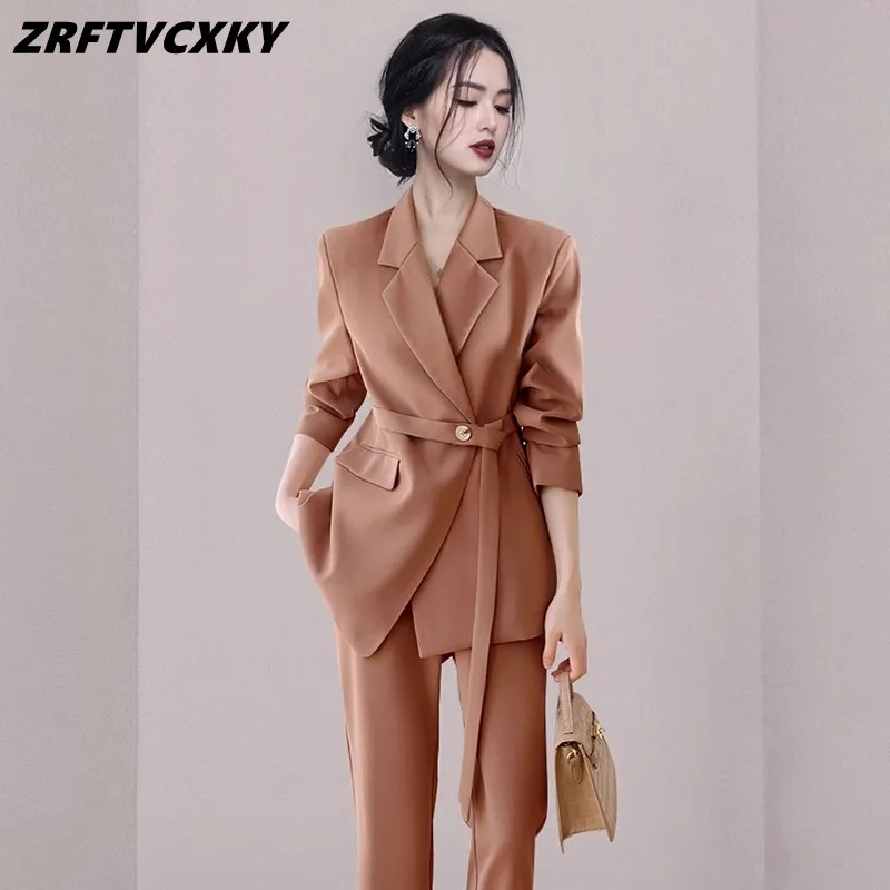 

2023 Autumn New Fashion 2-Piece Suits Women Elegant Long Sleeve Lace-Up Coat&Simple Pants Ladies Korean Casual Office Pant Suits