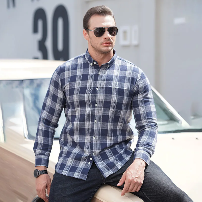 

AI NI YA Spring and Autumn New Men's Casual Loose Plaid Long sleeved Shirt Pine color Woven Matte Large Business Office Shirt