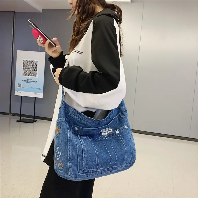 

ВИНТАЖНАЯ ДЖИНСОВАЯ вместительная сумка через плечо для женщин, повседневный тоут с несколькими карманами и вышивкой, уличный тренд, мягкая переносная ранец