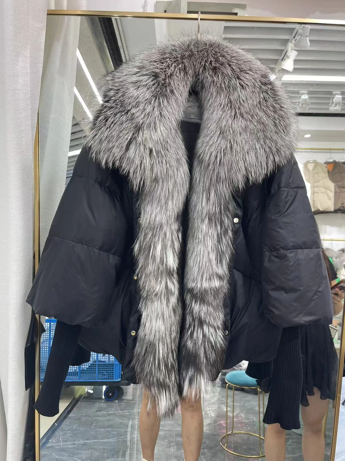 Pelz Langer Jeans Mantel Daunenmantel Mit Echtfell Kapuze Langer