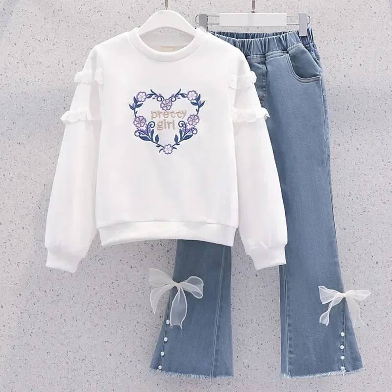 

Children's Girls Autumn Embroidery Flower Clothes Set Full Sleeve Sweater and Jeans Suit Kids Cotton Top Denim Pants Outfits