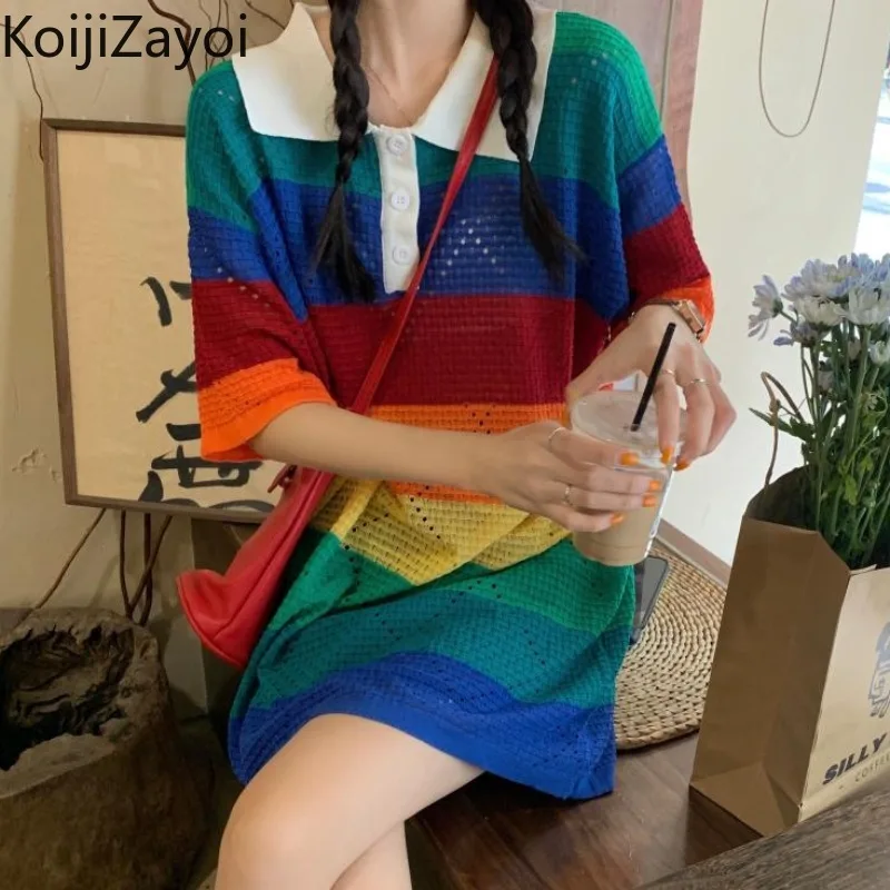 

Koijizayoi Rainbow Women's Striped Tshirt Turn Down Collar Summer Fashion Oversized Tees Tops 2022 New Long T-shirts Dropship