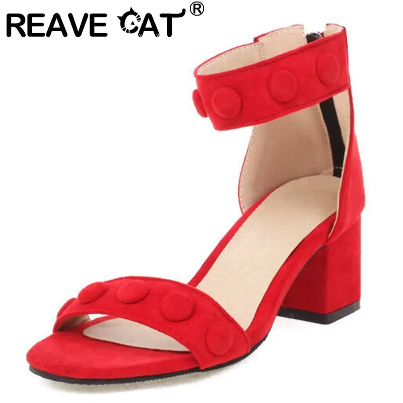 

REAVE CAT New Women Sandals Open Toe 7cm Block Heels Flock Zipper Round Button Sweet Daily Big Size 34-48 Pink Red Casual S3686