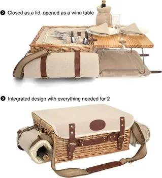 Mutifunctional Wicker Picnic Basket Set for 2 with Blanket and Picnic Table, Insulated Picnic Set with Full Tablewares for 2