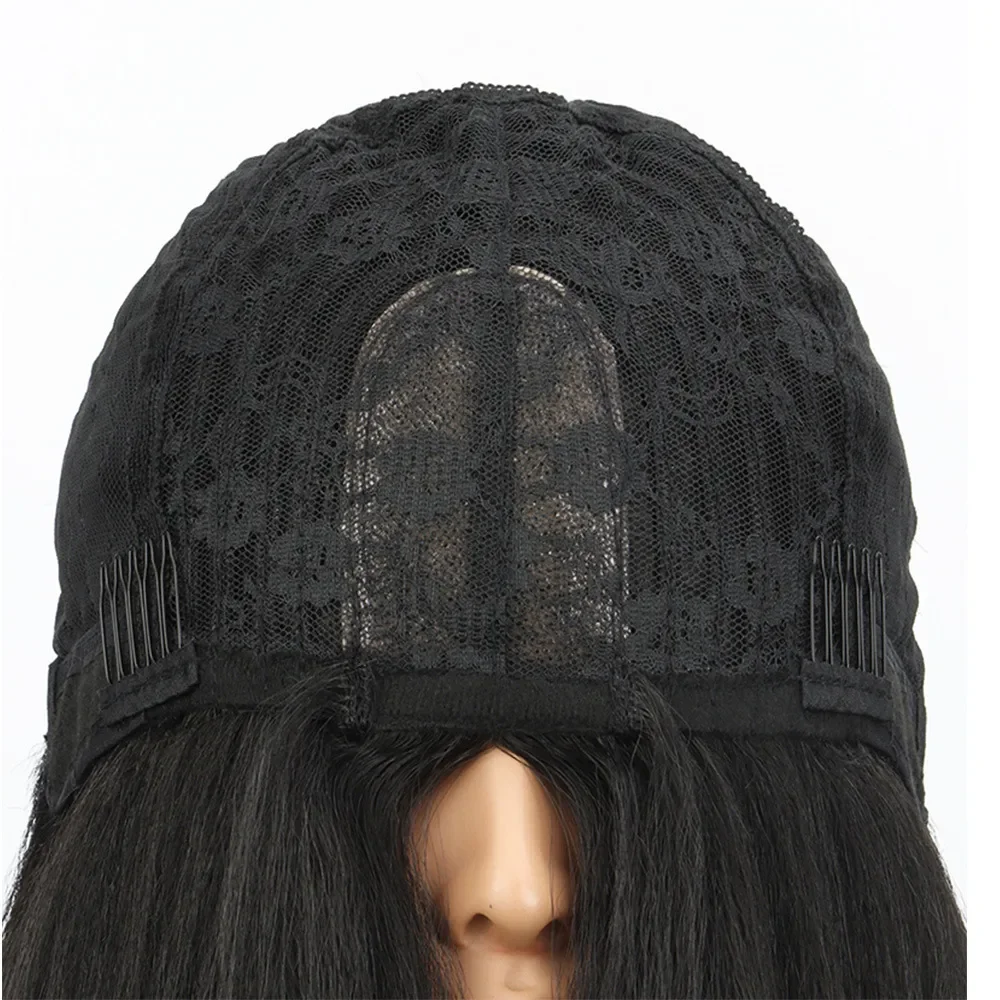 16/22inch Synthetic Full and Thick Women's Black Long Yaki Straight Wig Polyester High-Temperature Fiber Full Head Party Wig