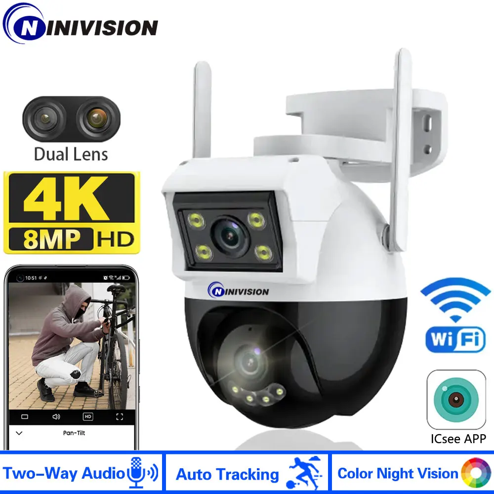 

4K 8MP Dual Lens PTZ Wifi Surveillance AI Human Detect Camera Bluetooth Connectinvity 3 Night Vision Modes IP66 Waterproof ICSEE