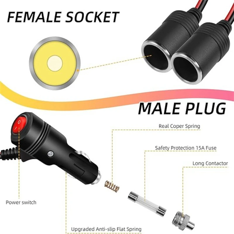 12AWG 차량용 시가 라이터 스위치 포함 남성-여성 연결 케이블
