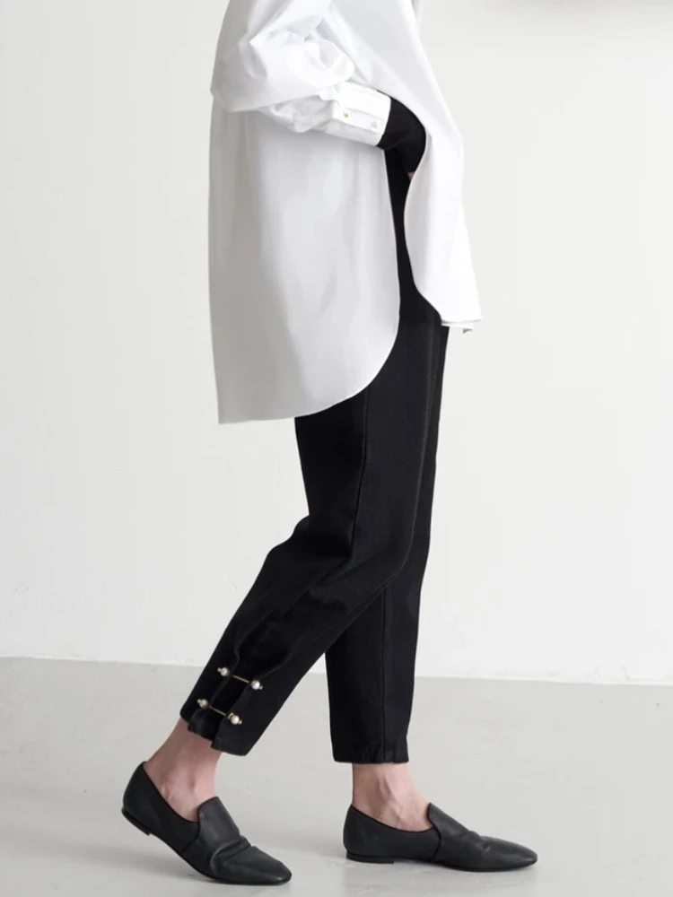 

Empire Waist Pearl Black Ankle Length Black Women Jeans Niche Design 2023 Spring Summer New In