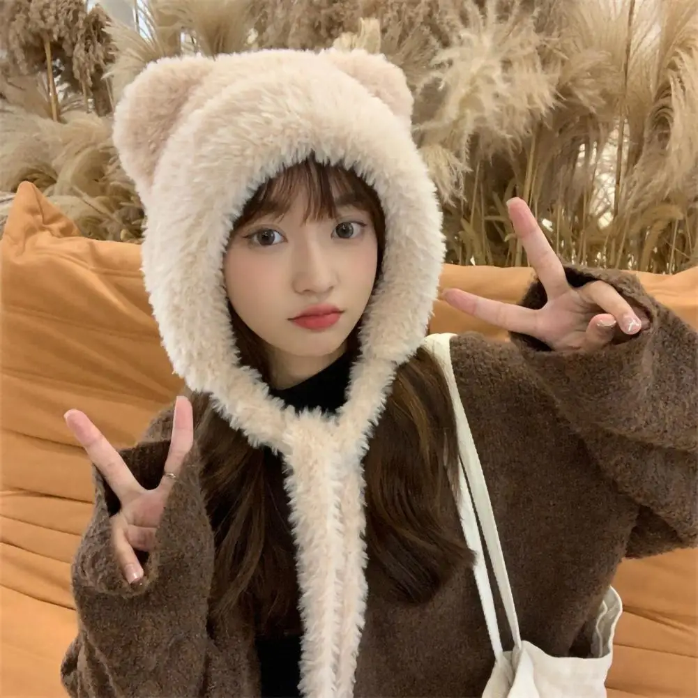 

Winter Cute Bear Ear Shape Plush Hat Solid Color Thickened Warm Windproof Hat Women Lace-up Ear Protection Hat