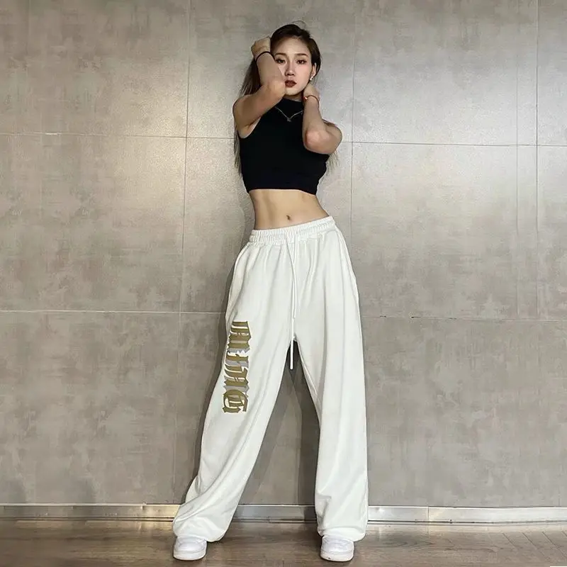 SUO&CHAO High Waist Loose Casual Haren Pants For Womens Solid Color Letter Print Hip Hop Dance Drawstring Trousers Sport Pants