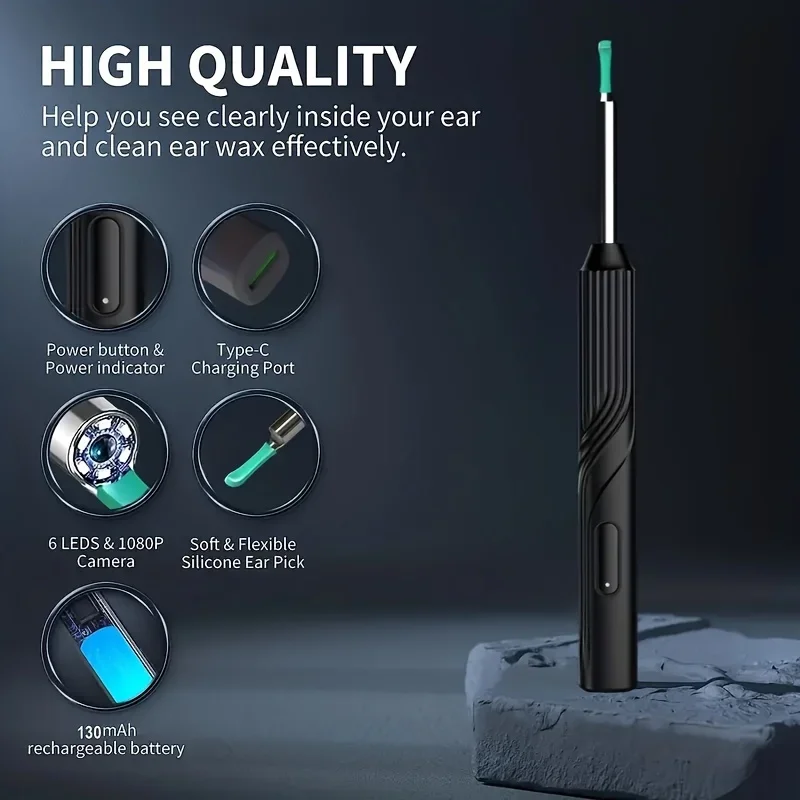 Ear Pick Ear Wax Removal Tool 8pcs Set Cleaner 1080P HD Otoscope Camera 6 LED Lights