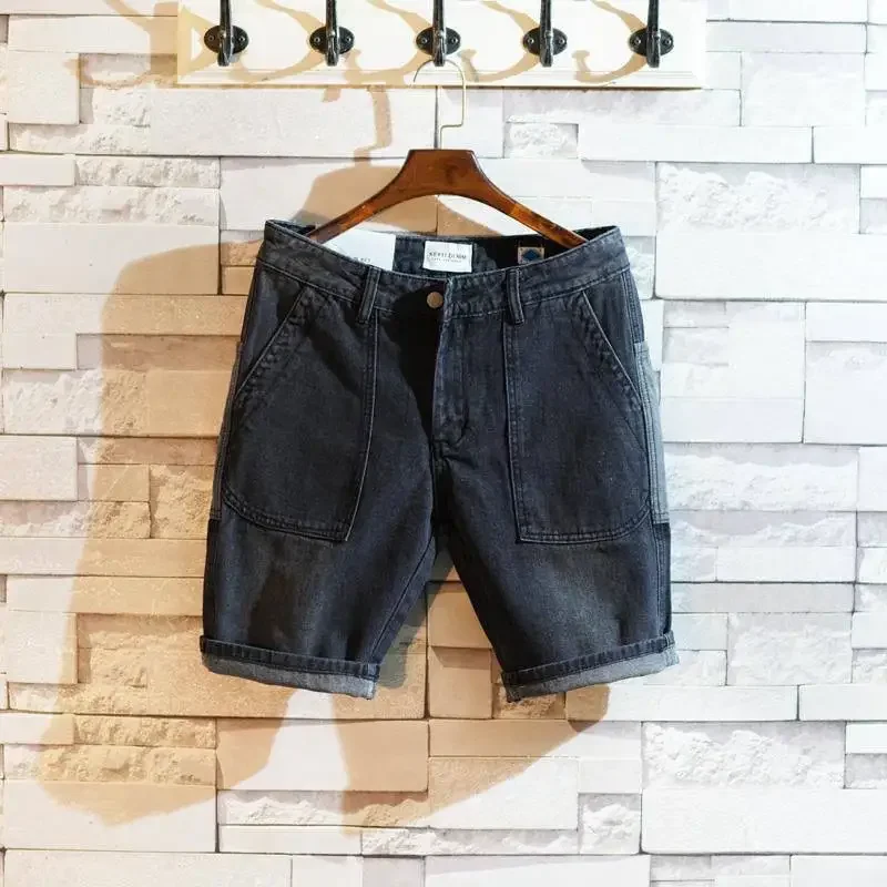 thumbnail image 1 of Pantalones cortos de mezclilla para hombre con parches y bolsillos, pantalones vaqueros cortos para hombre, pantalones cortos populares Xl, tendencia Harajuku 2024, botones de venta, moda Y2k, 1 of 5